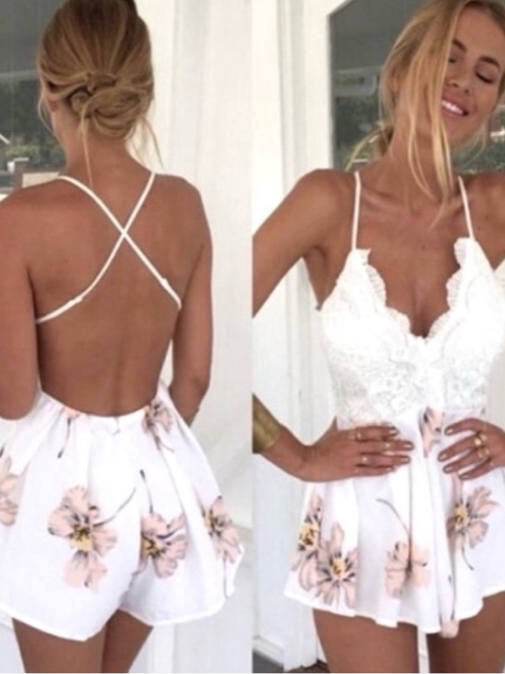 White Floral Lace V-Neck Romper